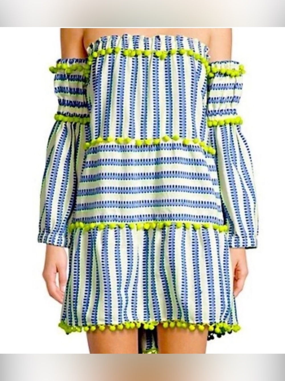 Anthropologie Tessora Lime Green and Blue Sydni Printed Pom Pom Mini Dress S